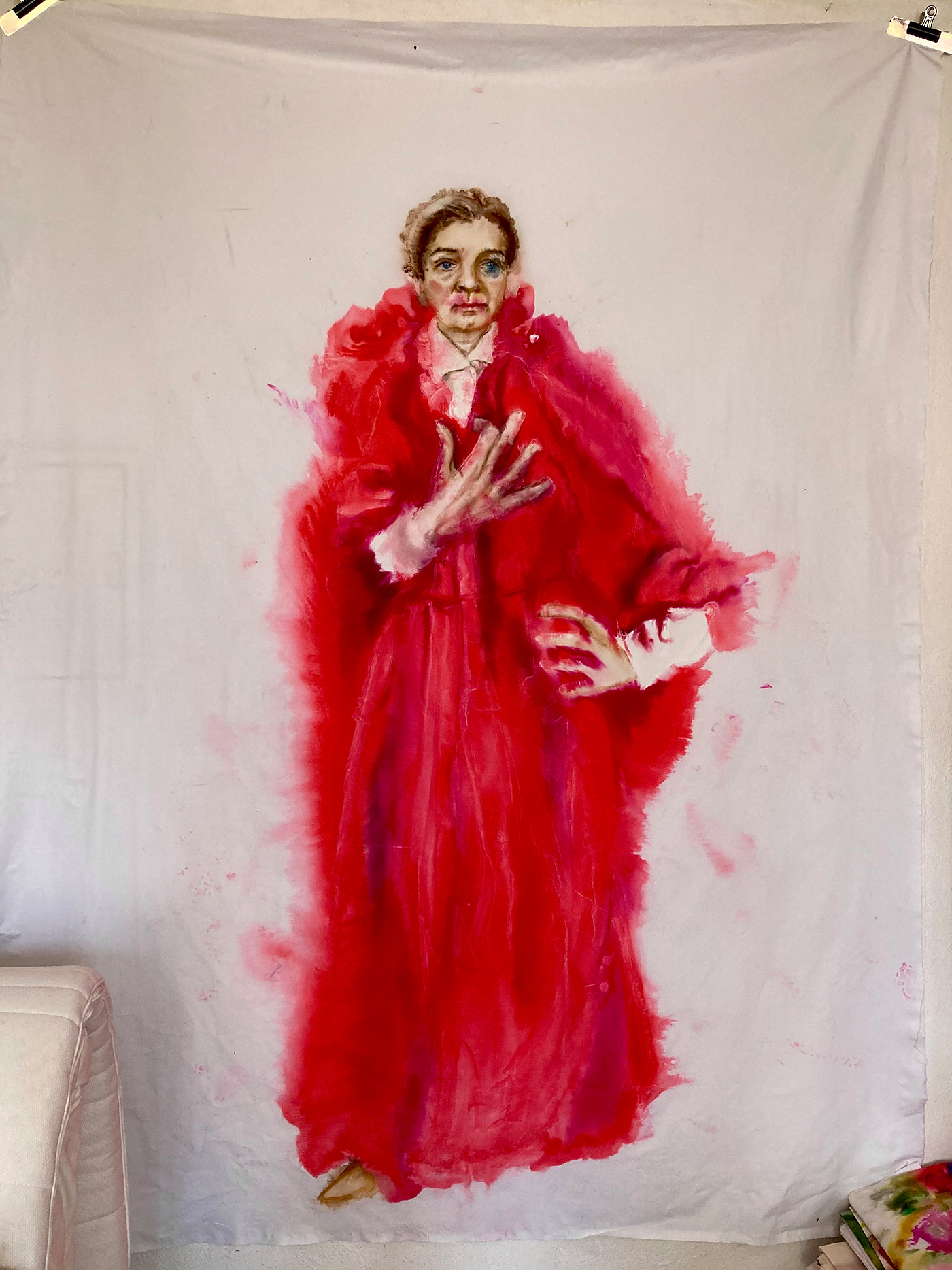 Selbstporträt (nach John Singer Sargent), Tusche auf Baumwolle, 214x150 cm, 2021